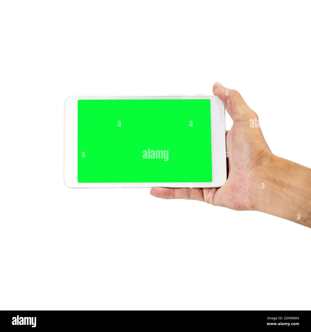 Hand holding smart-phone with green screen isolated on white background ...