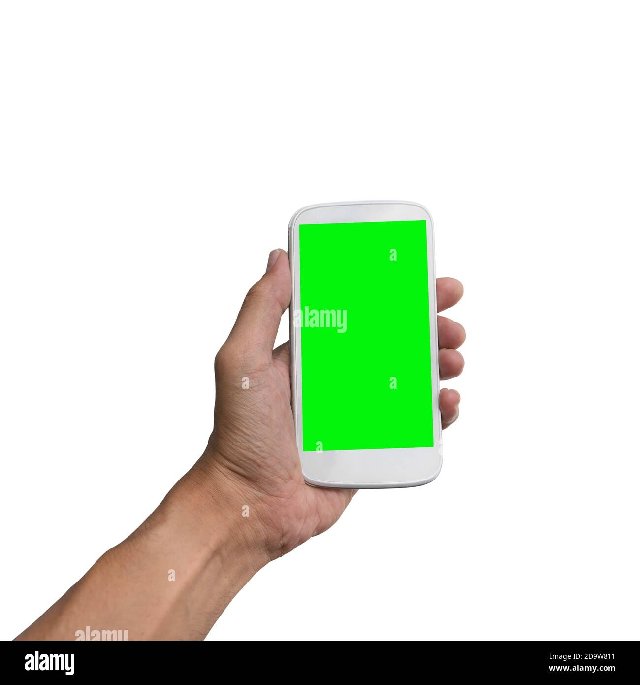 Hand holding smart-phone with green screen isolated on white background ...