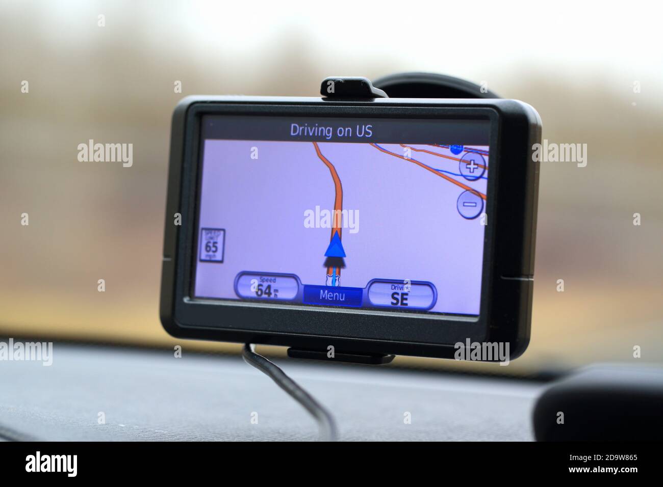 GPS Navigation System Attached to the Windshield Stock Photo