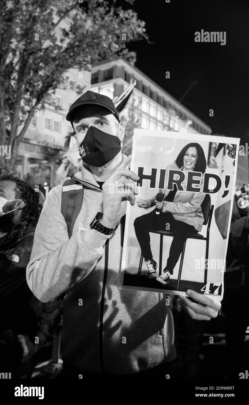 November 07, 2020, Washington, DC -- Celebrations continued in Washington, DC after the announcement that JoeBiden is the new President-Elect. Stock Photo