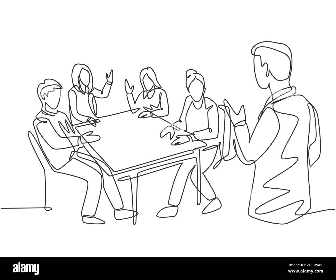 One single line drawing of young happy manager leading presentation of ...