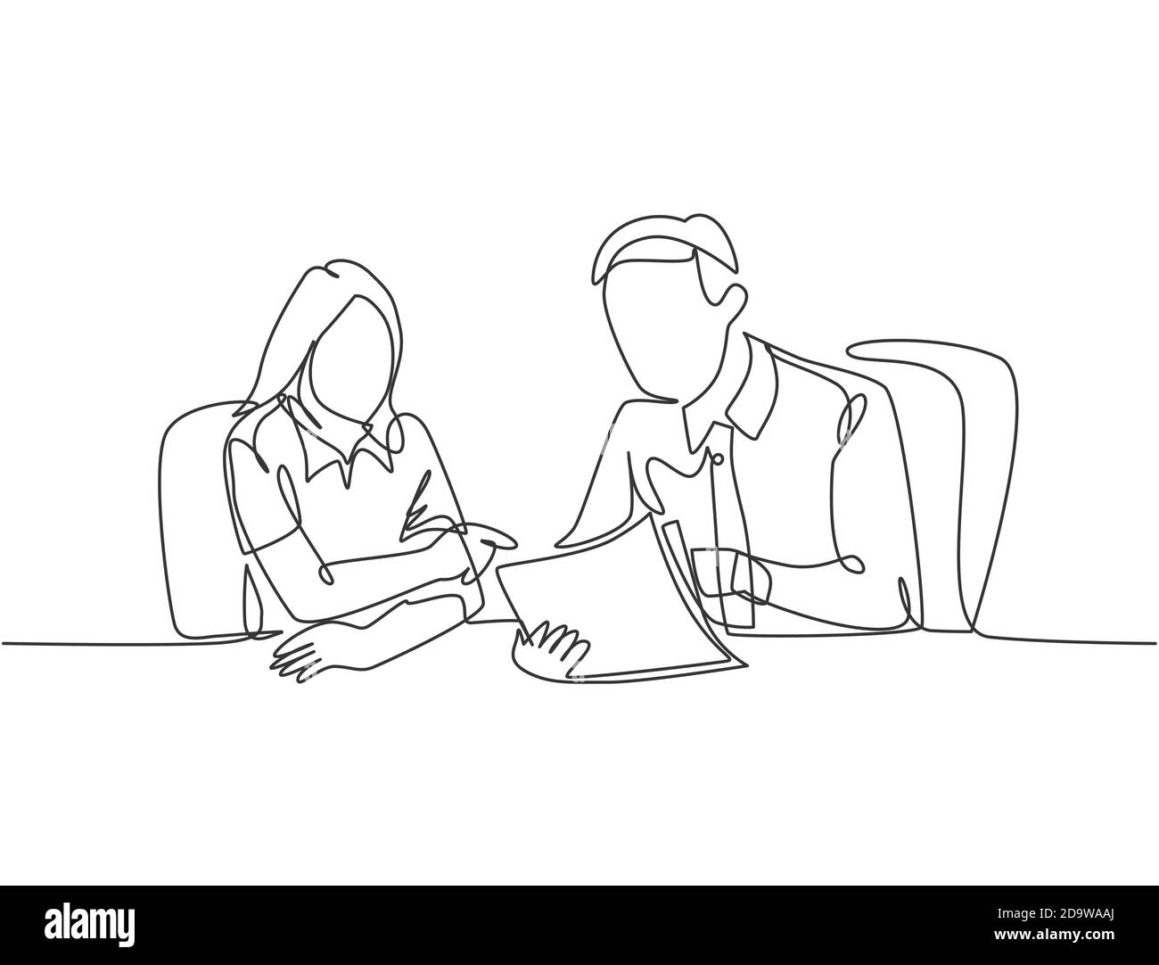 One single line drawing of two young male and female worker holding a paper  and discussing about work together at the office. Job discussion concept  Stock Vector Image & Art - Alamy