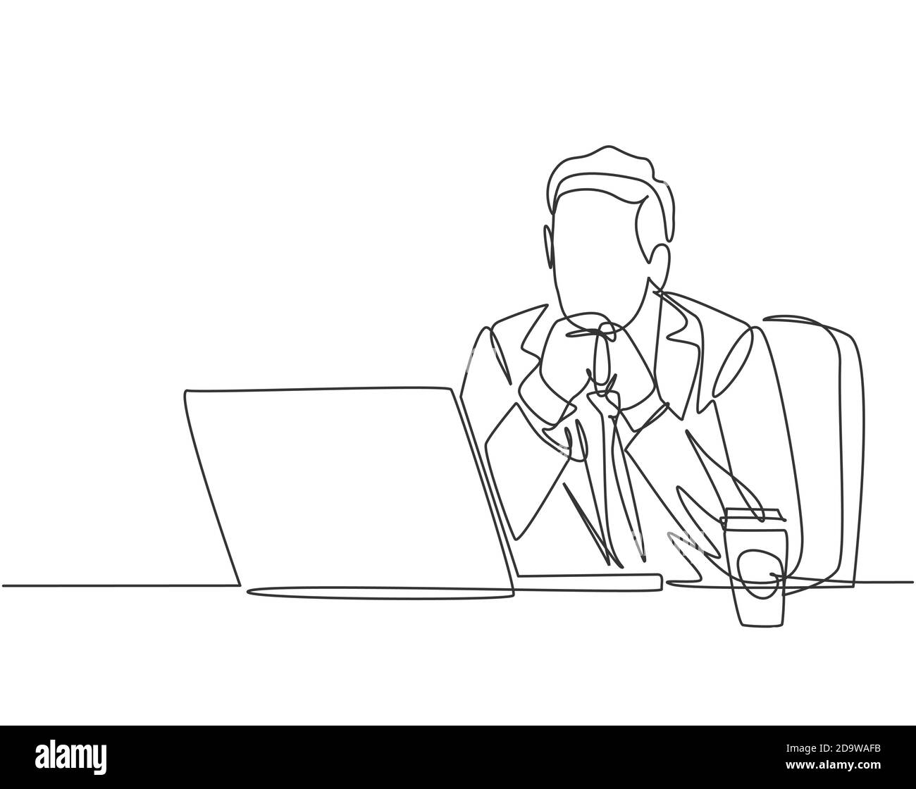 Single continuous line drawing of young male worker sitting and thinking seriously in front of computer screen at the office. Work focus concept Stock Vector