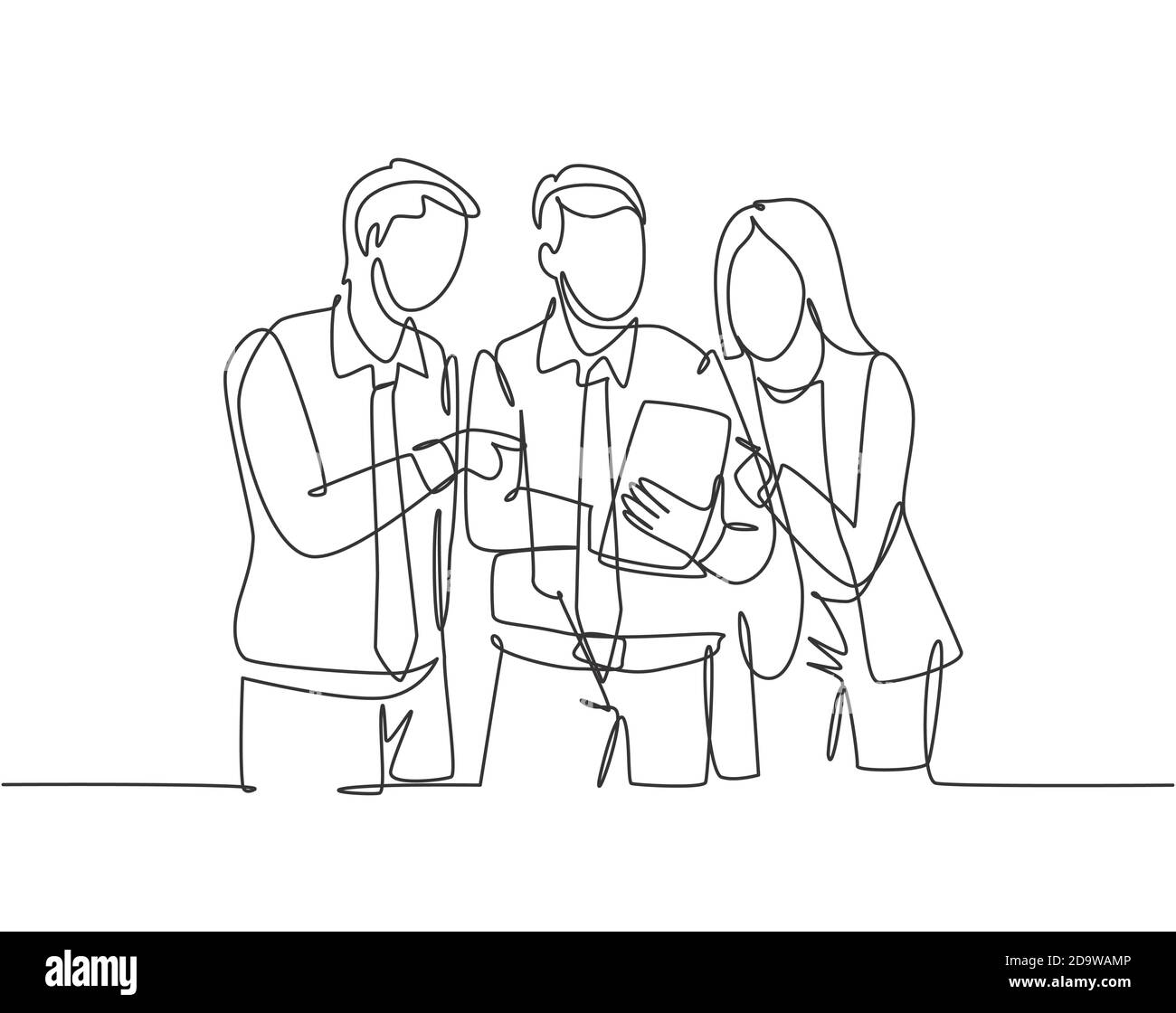 One single line drawing of young happy male and female workers talking ...