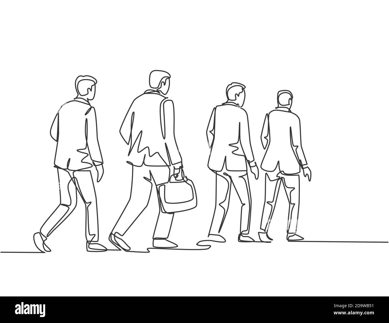 One single line drawing of young male and female employees walking