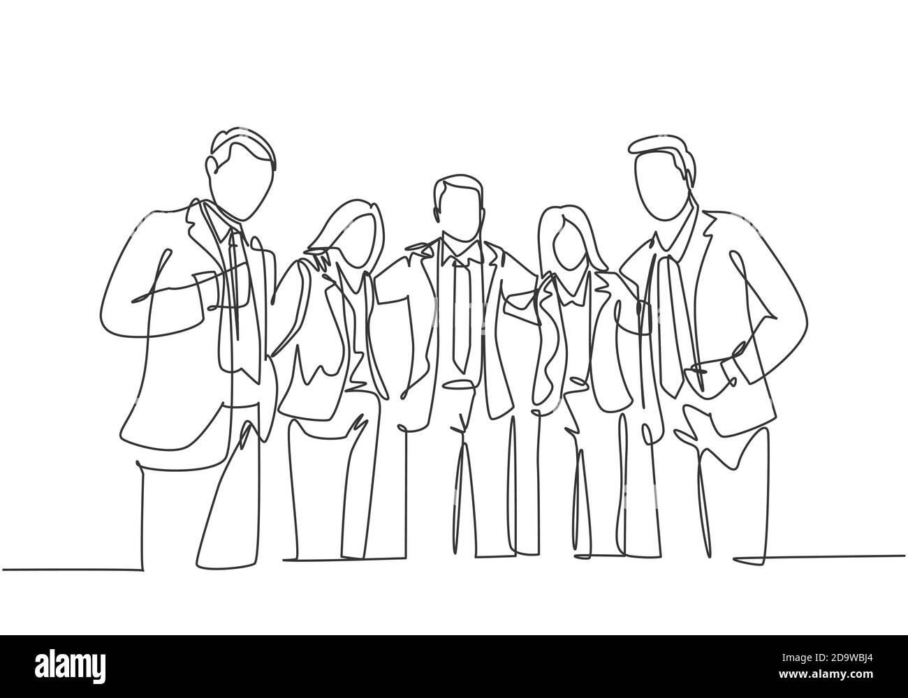 One continuous line drawing of young male and female business people from multi ethnic standing together and posing elegantly. Unity in diversity Stock Vector