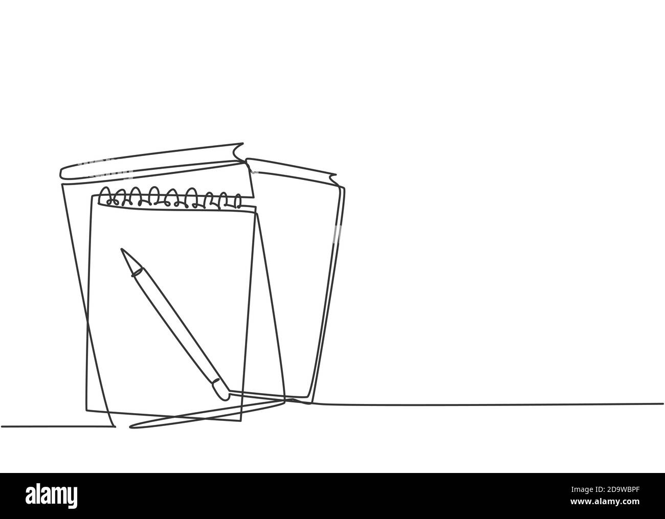 Single continuous line drawing notebook or notepad with a pencil above