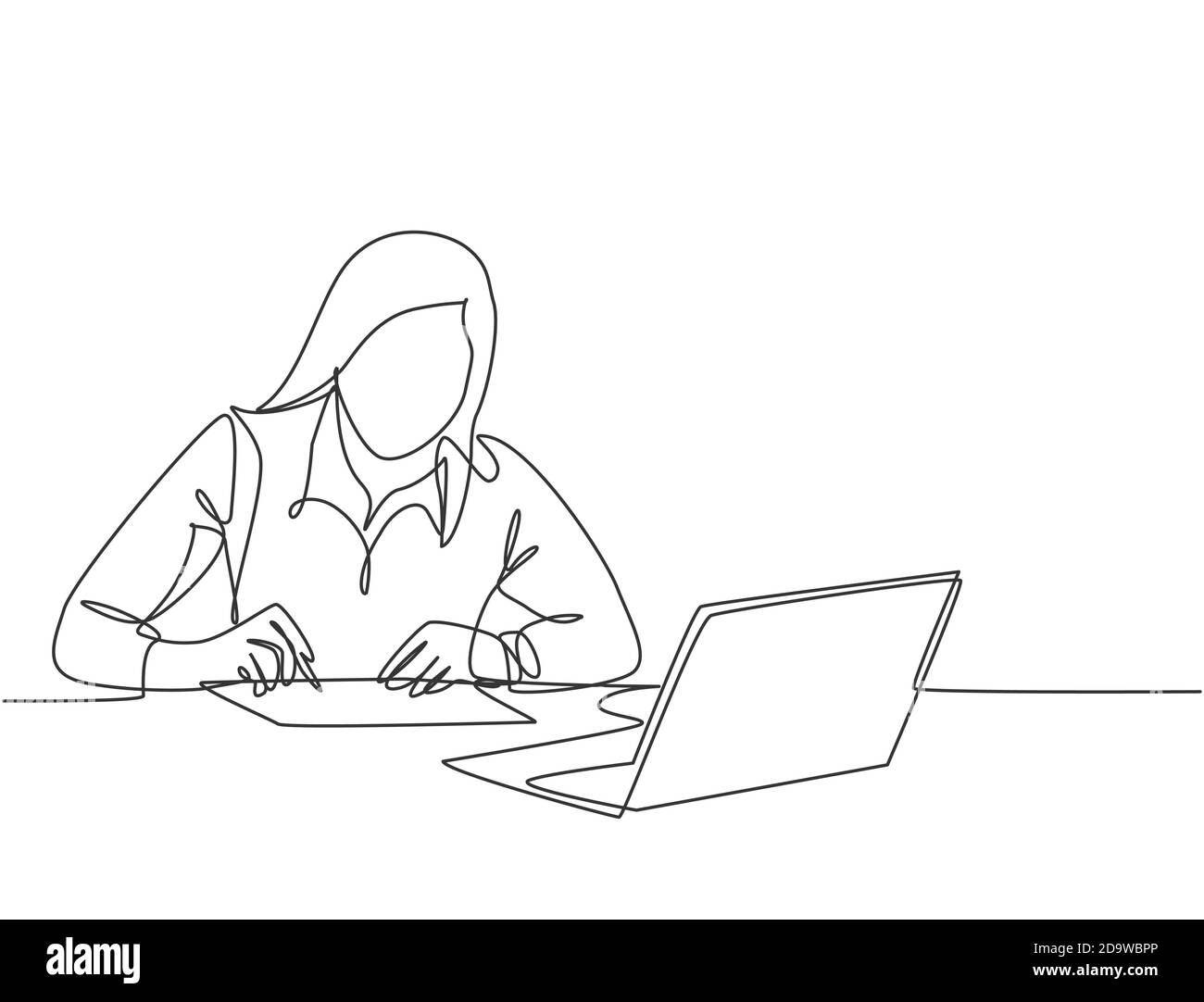 one continuous line drawing of young serious female worker sitting pensively while watching laptop screen at work desk business analyze concept 2D9WBPP