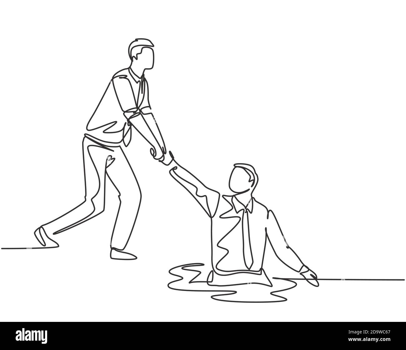 One single line drawing of young energetic businessman helps pull his
