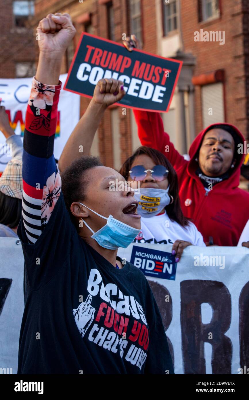 Detroit, United States. 07th Nov, 2020. Protesters chant slogans while marching on the street during the demonstration.Hundreds of people turned out for the 'Michigan Fights Back! Protect the Vote' Rally and March that began and ended at the Detroit Department of Elections. This protest was in support of Black Lives matter, the LGBTQ community and the results of the 2020 presidential election and also against police brutality and President Donald Trump. Credit: SOPA Images Limited/Alamy Live News Stock Photo