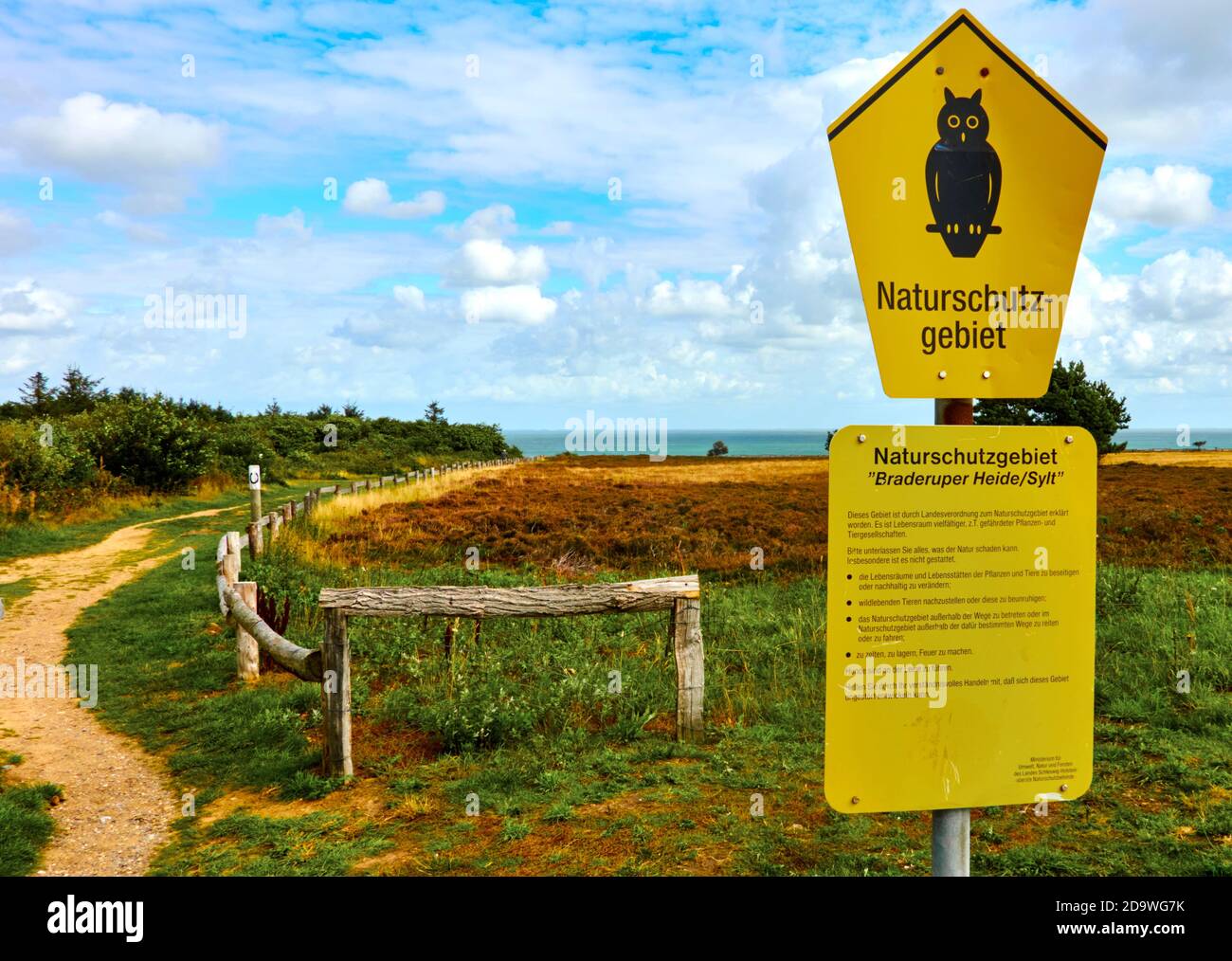 Sylt, Germany, September 4., 2020: Entrance to the Braderuper Heide nature reserve, a large heath area on the island of Sylt, Germany Stock Photo