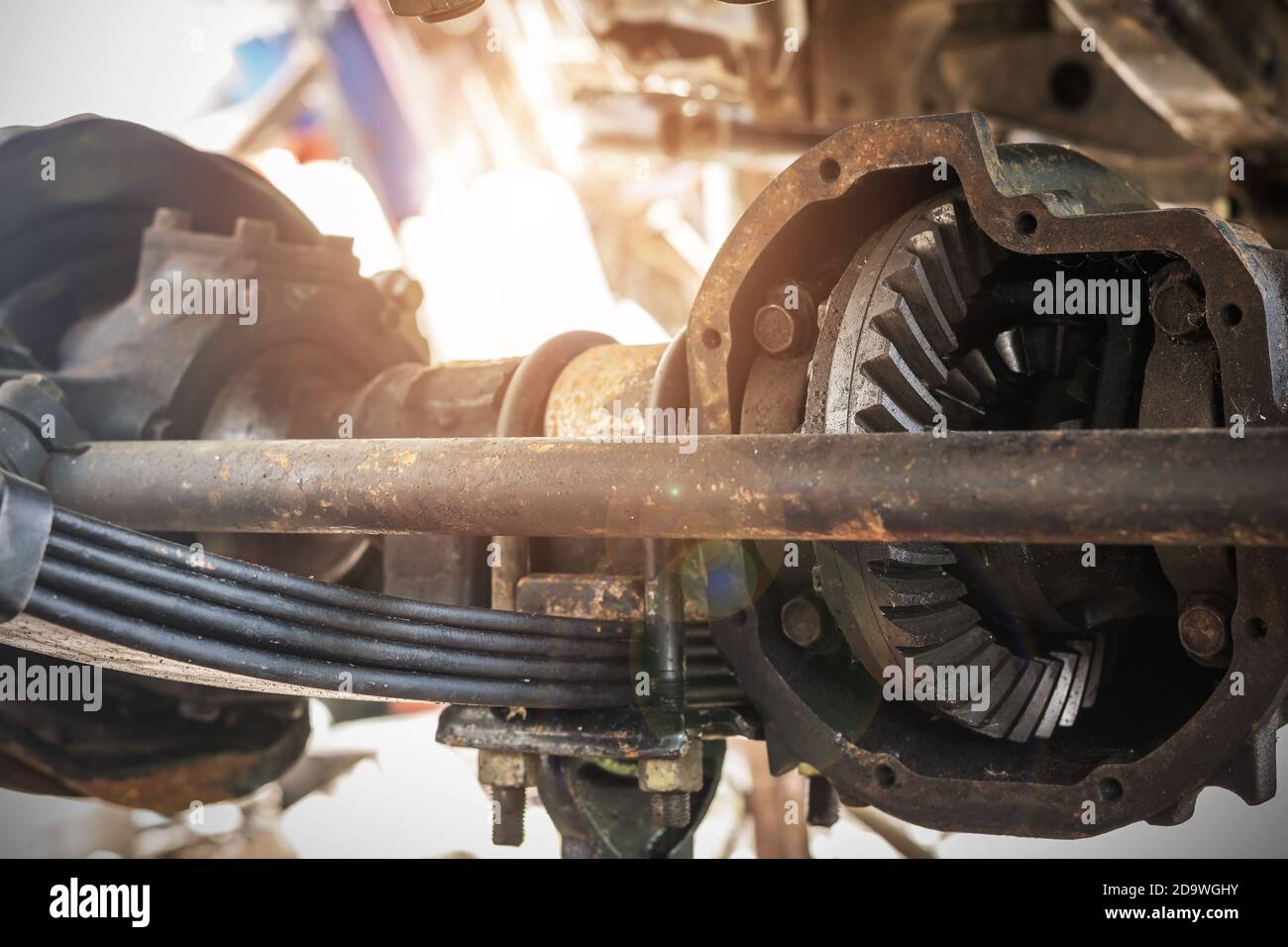 Closeup of the inside of the drive shaft of the car-Automotive industry and garage concepts. Stock Photo