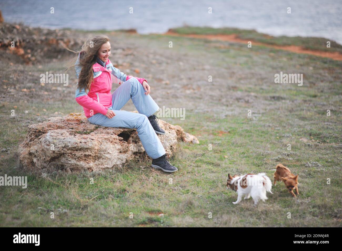 happy young female watching at her little domestic chihuahua dogs playing on sea coast Stock Photo