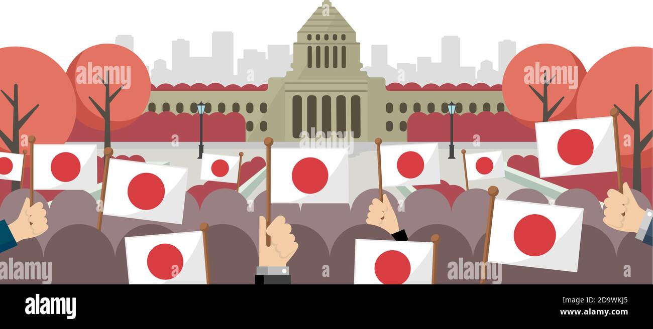 Japanese parliament building and national flags vector banner illustration Stock Vector