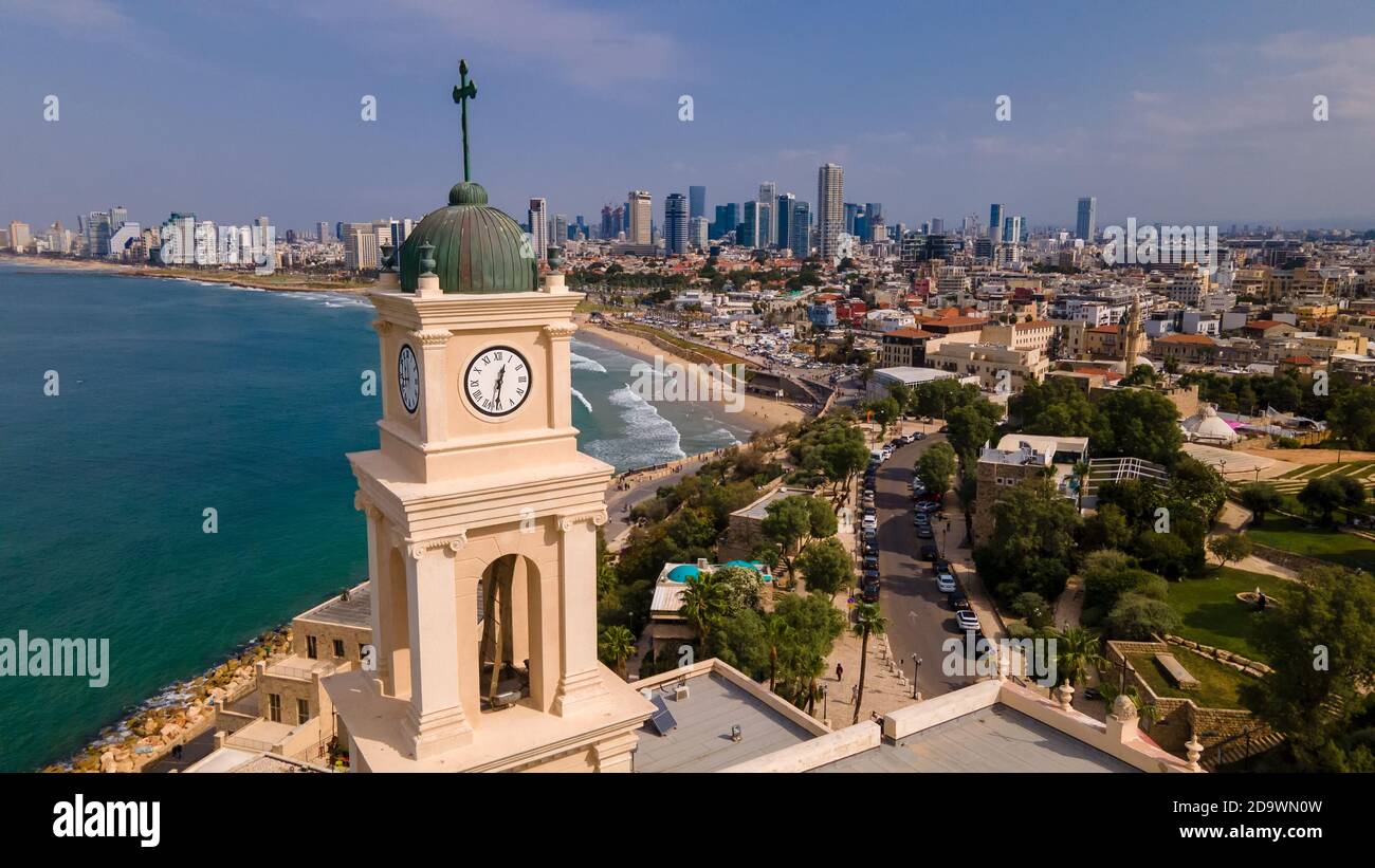 Belltower, Jaffa, Tel Aviv, Israel, Aerial view. Modern city with skyscrapers and the old city. Bird's-eye view Stock Photo