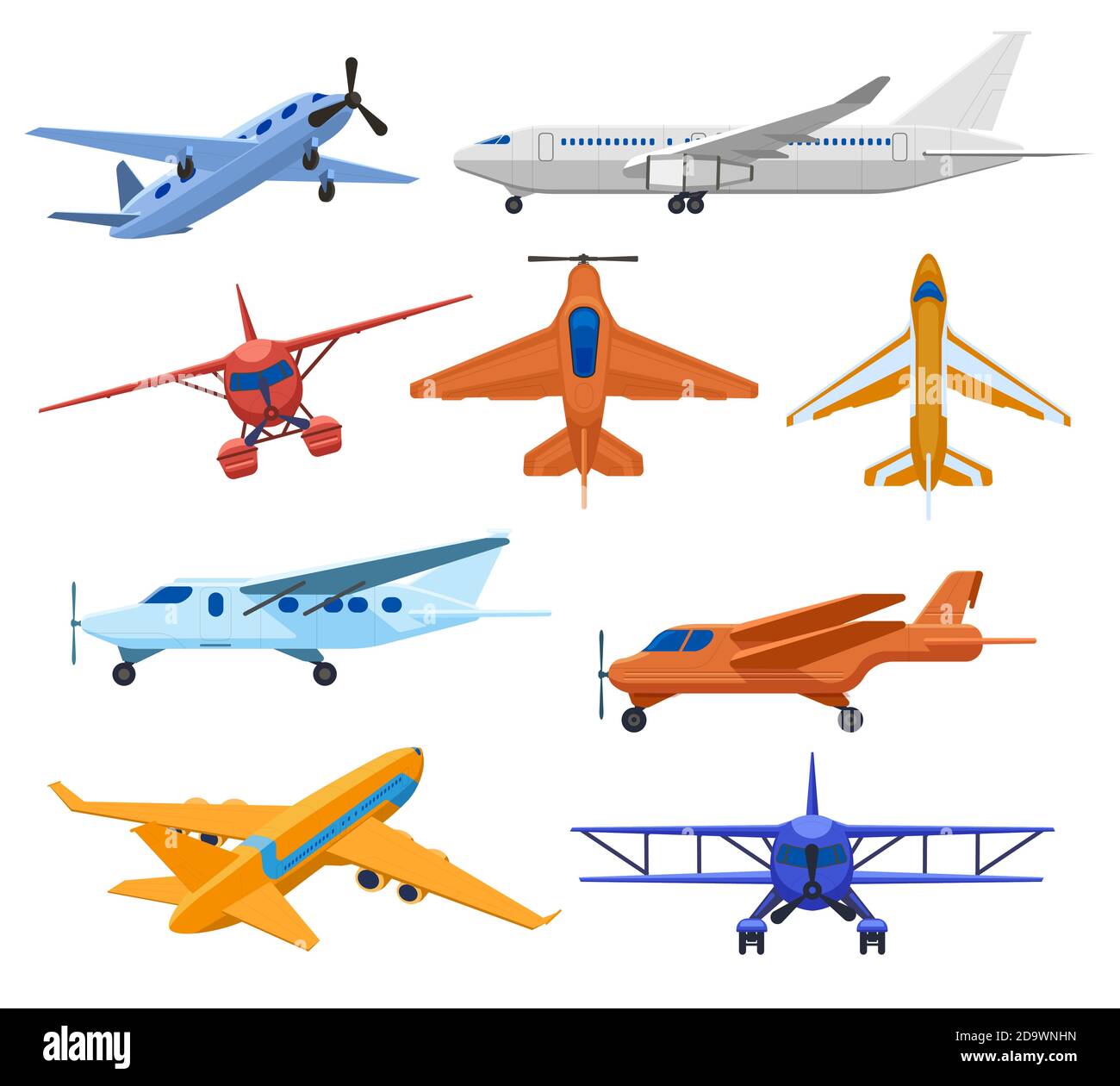 Aircraft jets. Flight vehicles, passenger jet airplane, private aircraft and cargo service plane