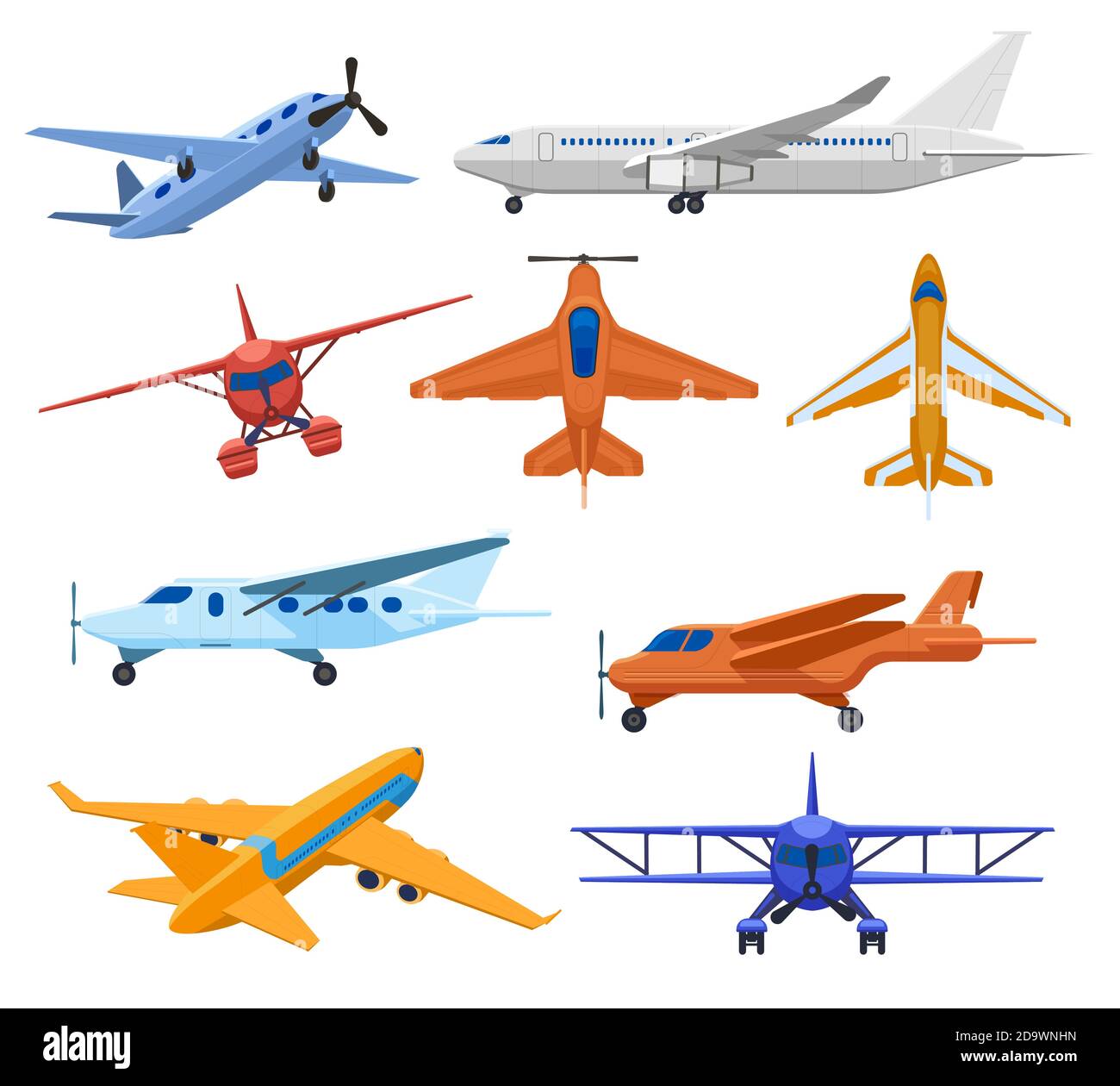 Aircraft jets. Flight vehicles, passenger jet airplane, private aircraft and cargo service plane. Commercial aviation aircrafts vector illustrations Stock Vector