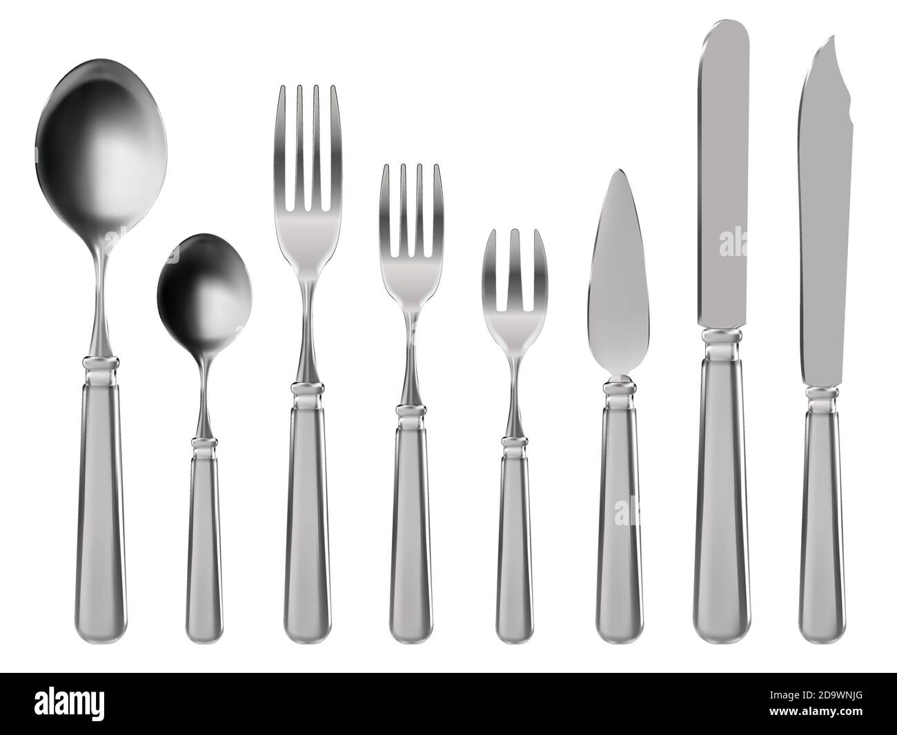 Realistic cutlery. Stainless steel tableware, knife, spoon and forks. Restaurant or home kitchen 3d silverware vector illustration set Stock Vector