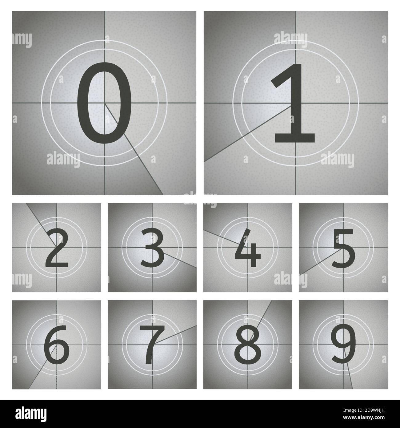 Movie count timer. Vintage cinema countdown frames, old movie timer frames from 0 to 9 numbers. Movie intro counting vector illustration set Stock Vector