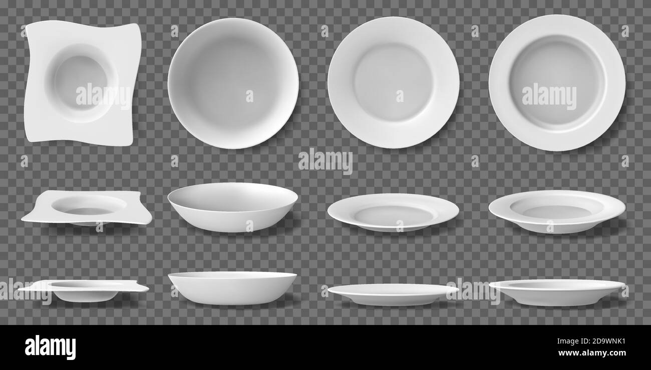White realistic plates. Porcelain household kitchenware, dishes and bowls, 3D ceramic dining tableware. Blank kitchen crockery vector illustrations Stock Vector