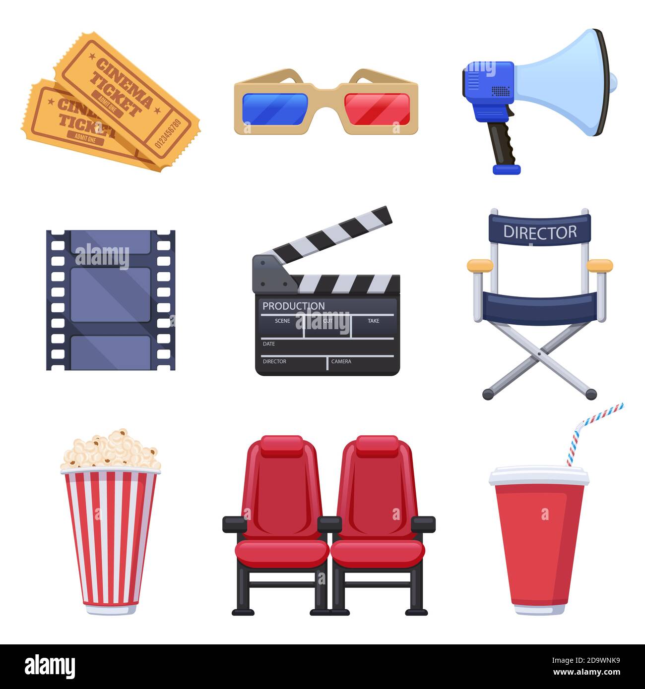 Movie theatre elements. Film production and cinema industry, tickets