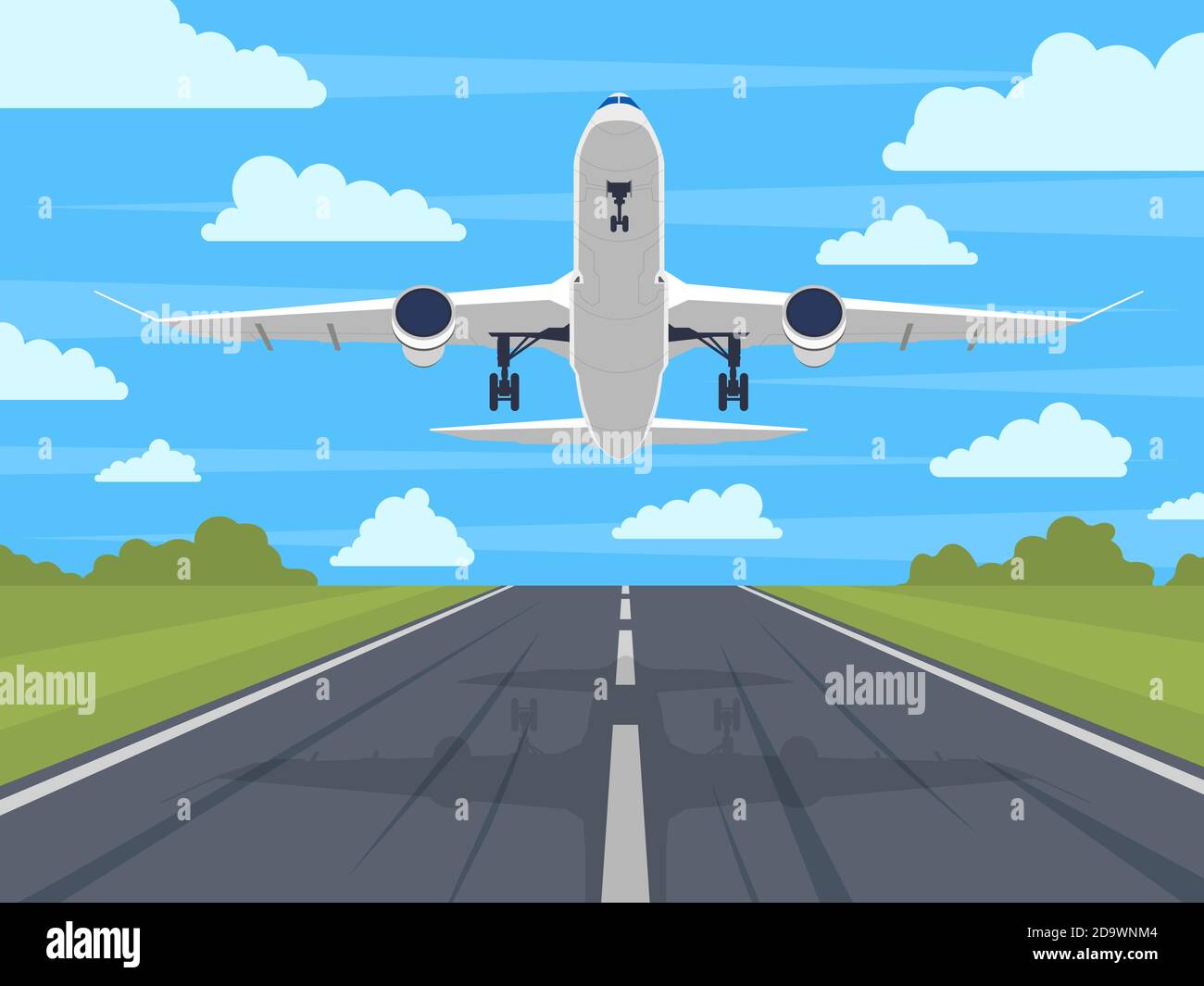Airplane runway. Landing or taking off plane, passenger airplane in blue sky. Airport runway travel or vacation vector illustration Stock Vector
