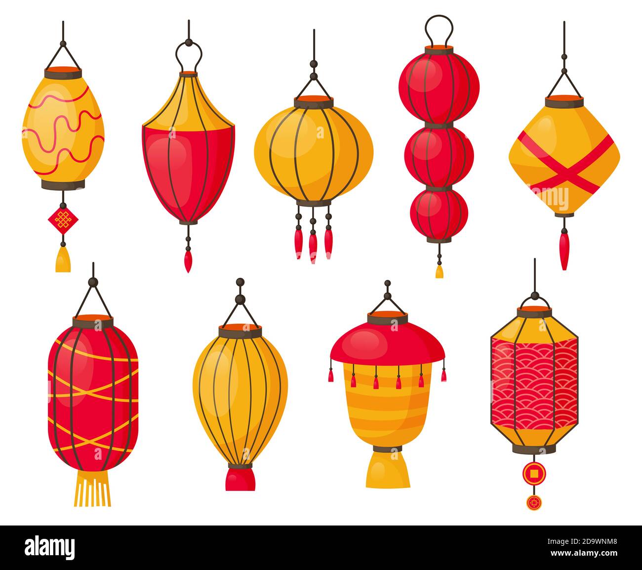 Asian lanterns. Chinese traditional red paper lamps, japanese or chinese street decoration. Oriental festival lanterns isolated vector symbols Stock Vector