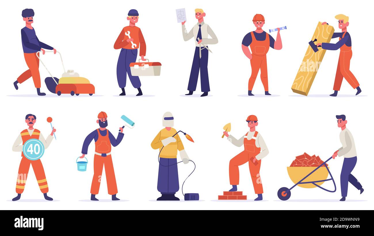Construction engineer characters. Builders, construction worker people, technician workers in uniform. Labor group workers vector illustration set Stock Vector