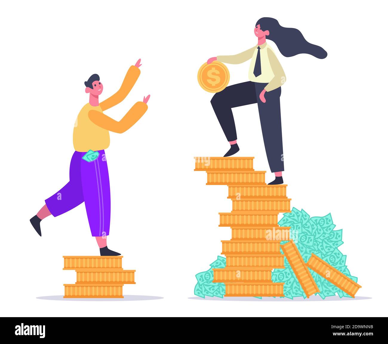 Salary inequality. Gender gap, economic classes inequality, male and female on money stack. Social difference, injustice vector illustration Stock Vector