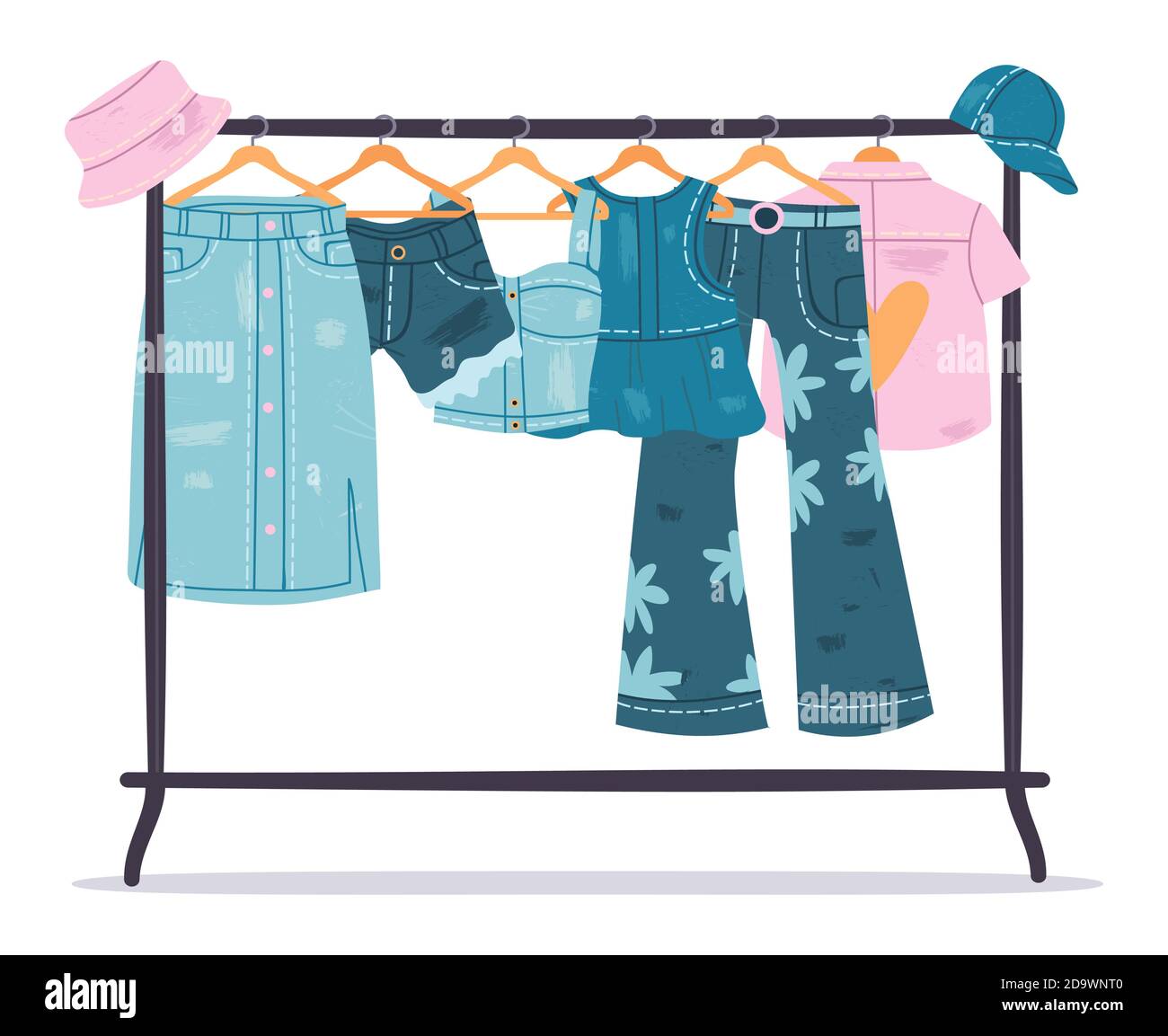 Denim clothing. Jeans garments hanging on hanger, trendy casual cotton apparel. Stylish denim wardrobe vector symbols set Stock Vector