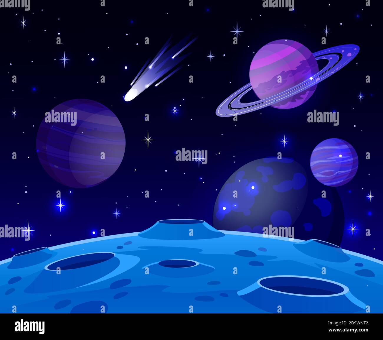Cartoon space landscape. Cosmic planet surface, futuristic celestial bodies landscape, galaxy stars and comets view vector background illustration Stock Vector