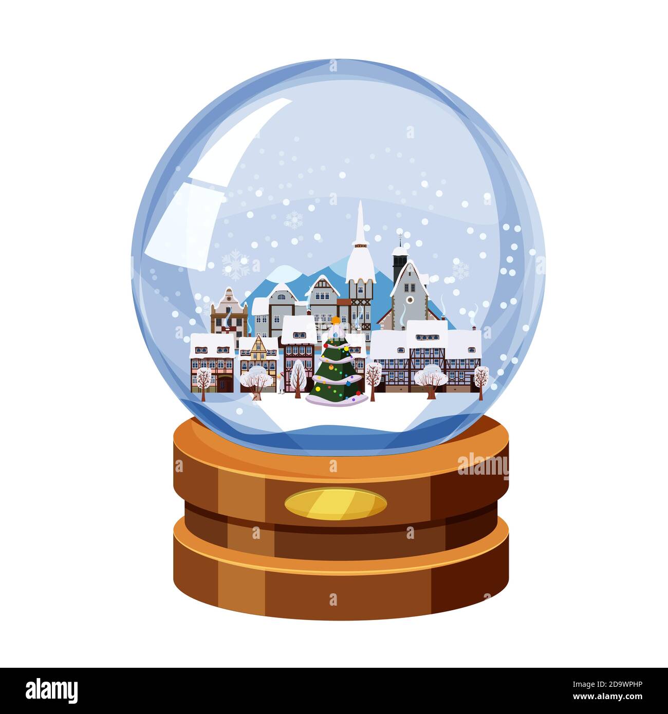 Christmas souvenir snow globe with little town in winter fir-tree ...