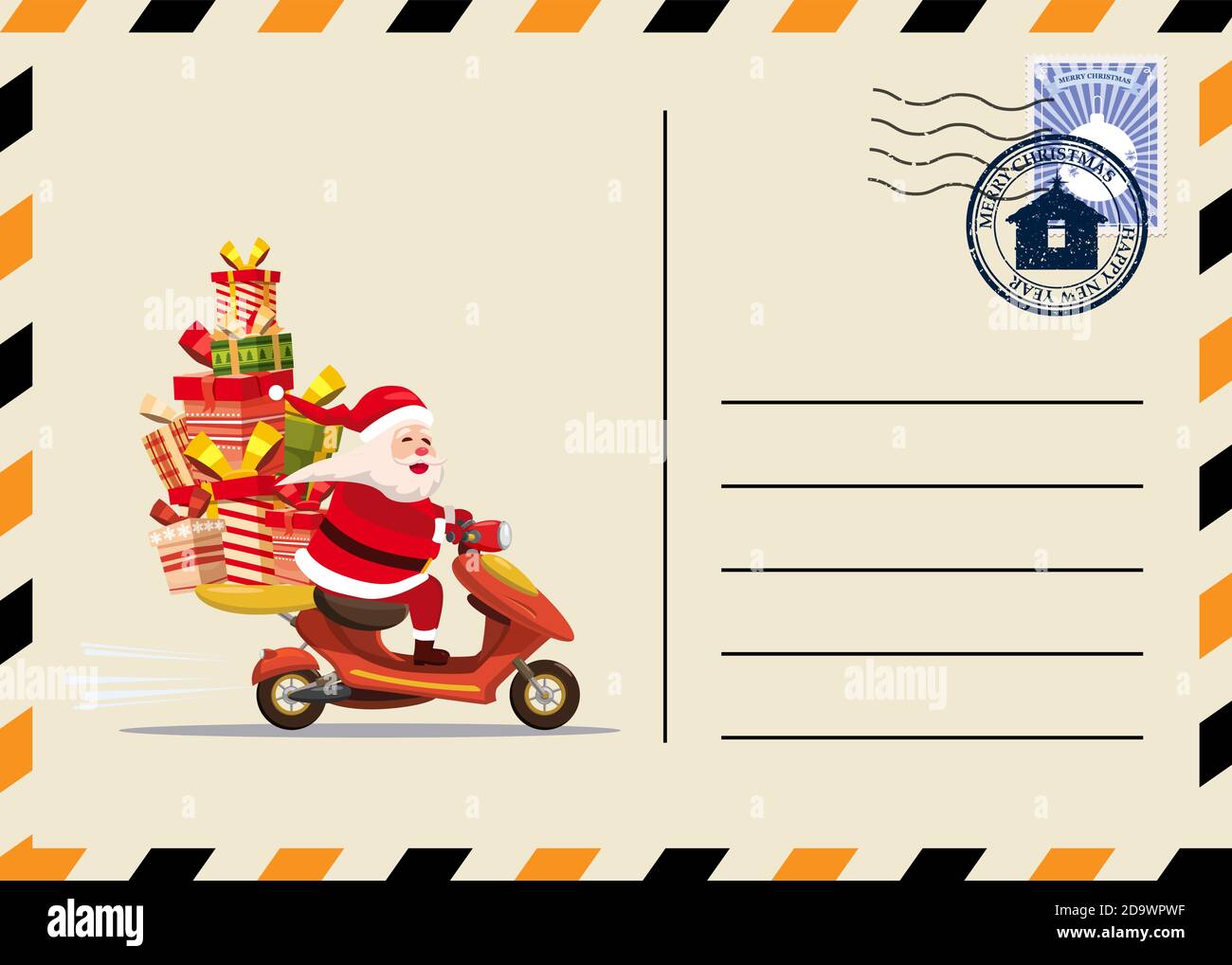 Christmas and New Year Postcard with stamps and mark. Scooter Santa Claus as the driver delivering gifts. Flat cartoon style vector illustration Stock Vector