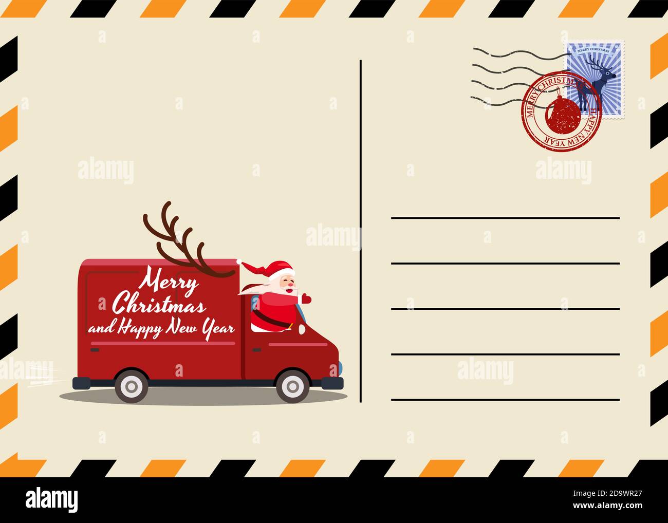 Christmas and New Year Postcard with stamps and mark. Van Santa Claus as the driver delivering gifts. Flat cartoon style vector illustration greeting Stock Vector
