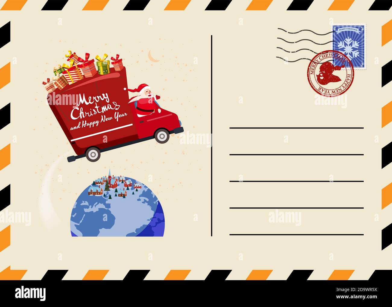 Christmas and New Year Postcard with stamps and mark. Van flies through the night sky above the Earth Santa Claus as the driver delivering gifts. Flat Stock Vector