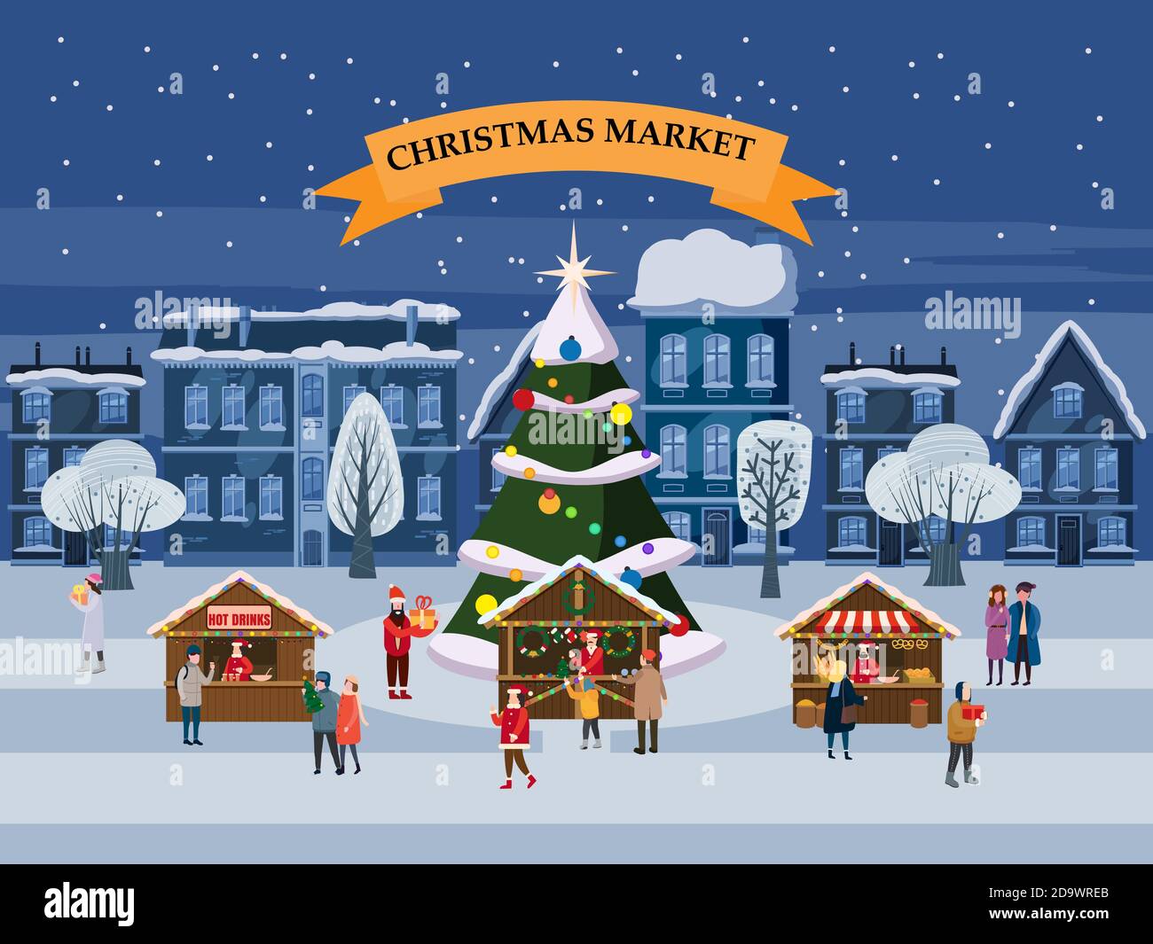Christmas village, winter city, souvenirs market wooden stalls with