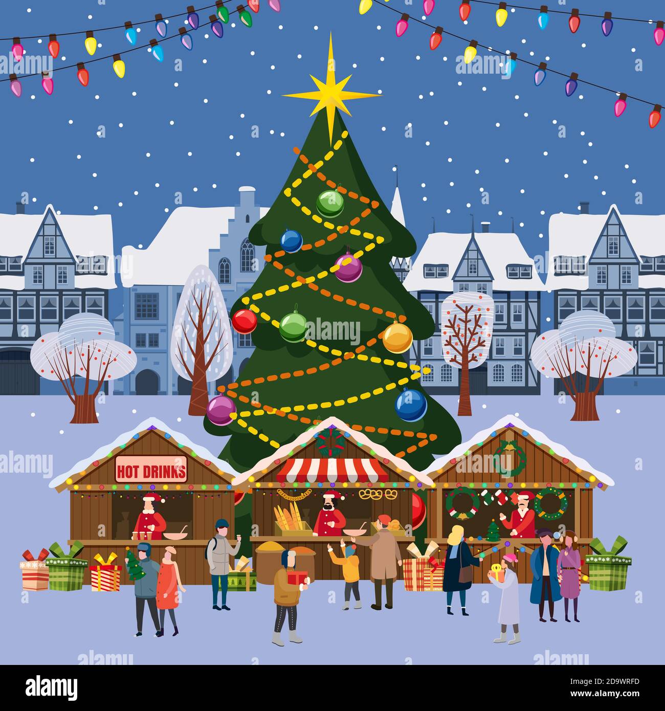 Christmas village, winter town, souvenirs market stalls with