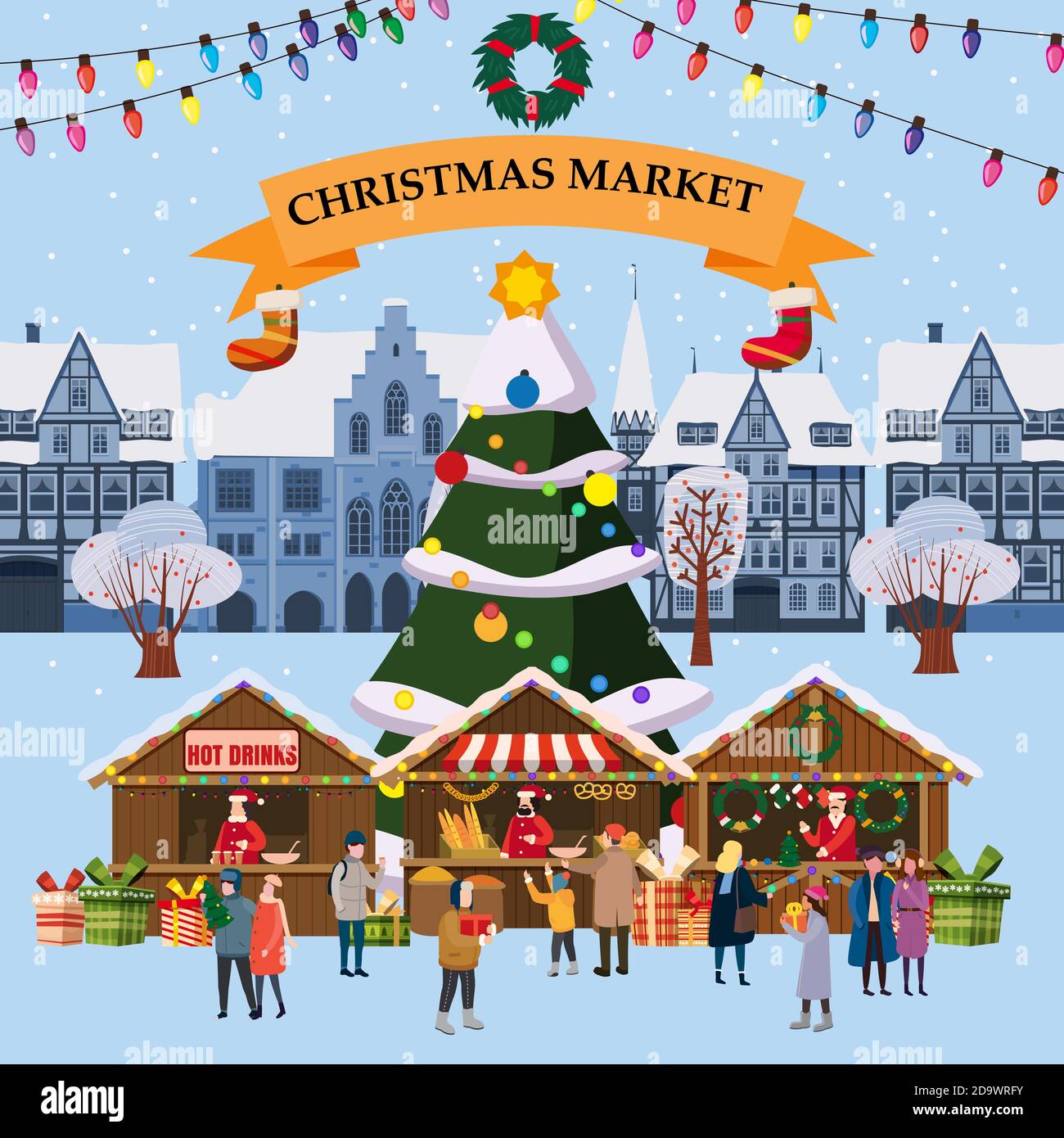 Christmas village, winter town, souvenirs market stalls with