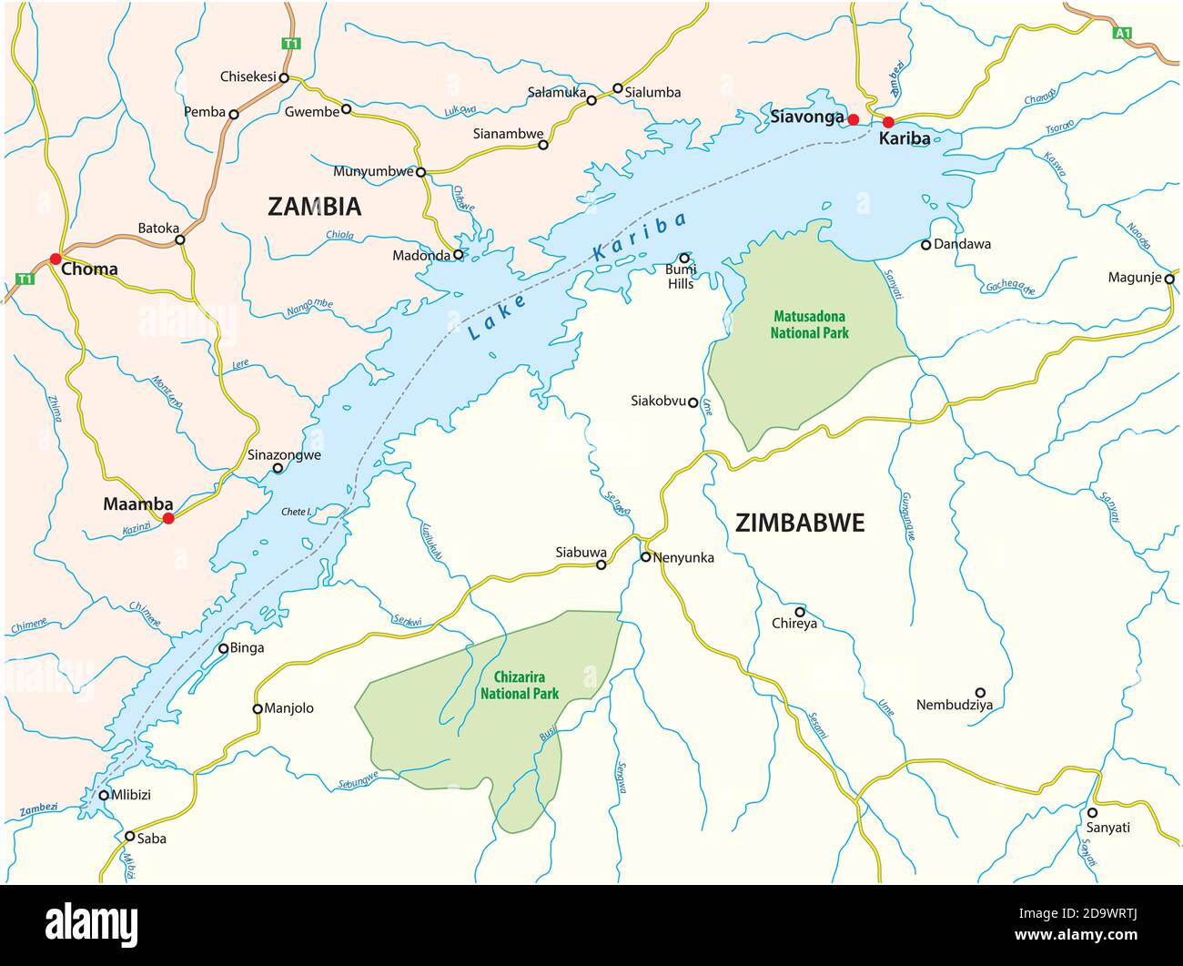 vector map of african lake kariba, zambia, zimbabwe Stock Vector