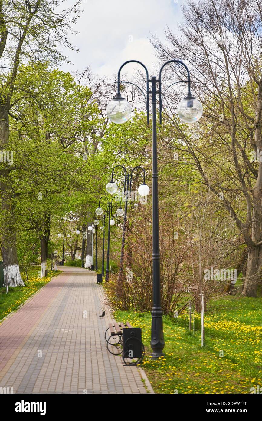 Gusev, Kaliningrad Region, Russia - May 2, 2020: City Park. Path along the river Stock Photo