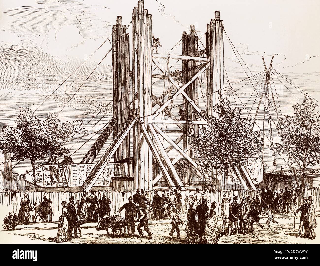 Raising Cleopatra's Needle on the Thames Embankment 1878 Stock Photo