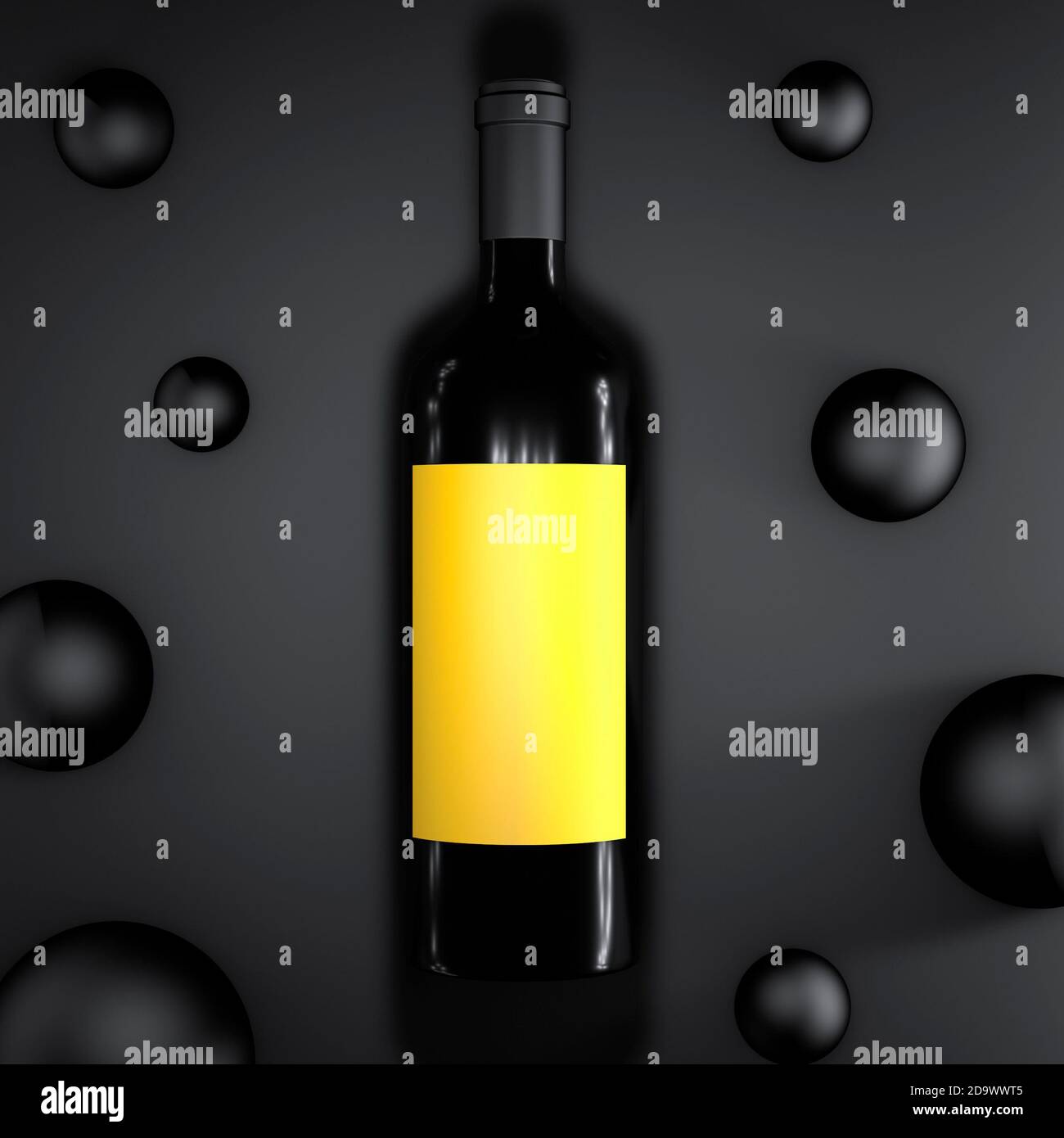 Download Stylized Dark Glass Wine Bottle With Bright Yellow Label On Black Background 3d Rendering Mock Up Top View Banner Stock Photo Alamy