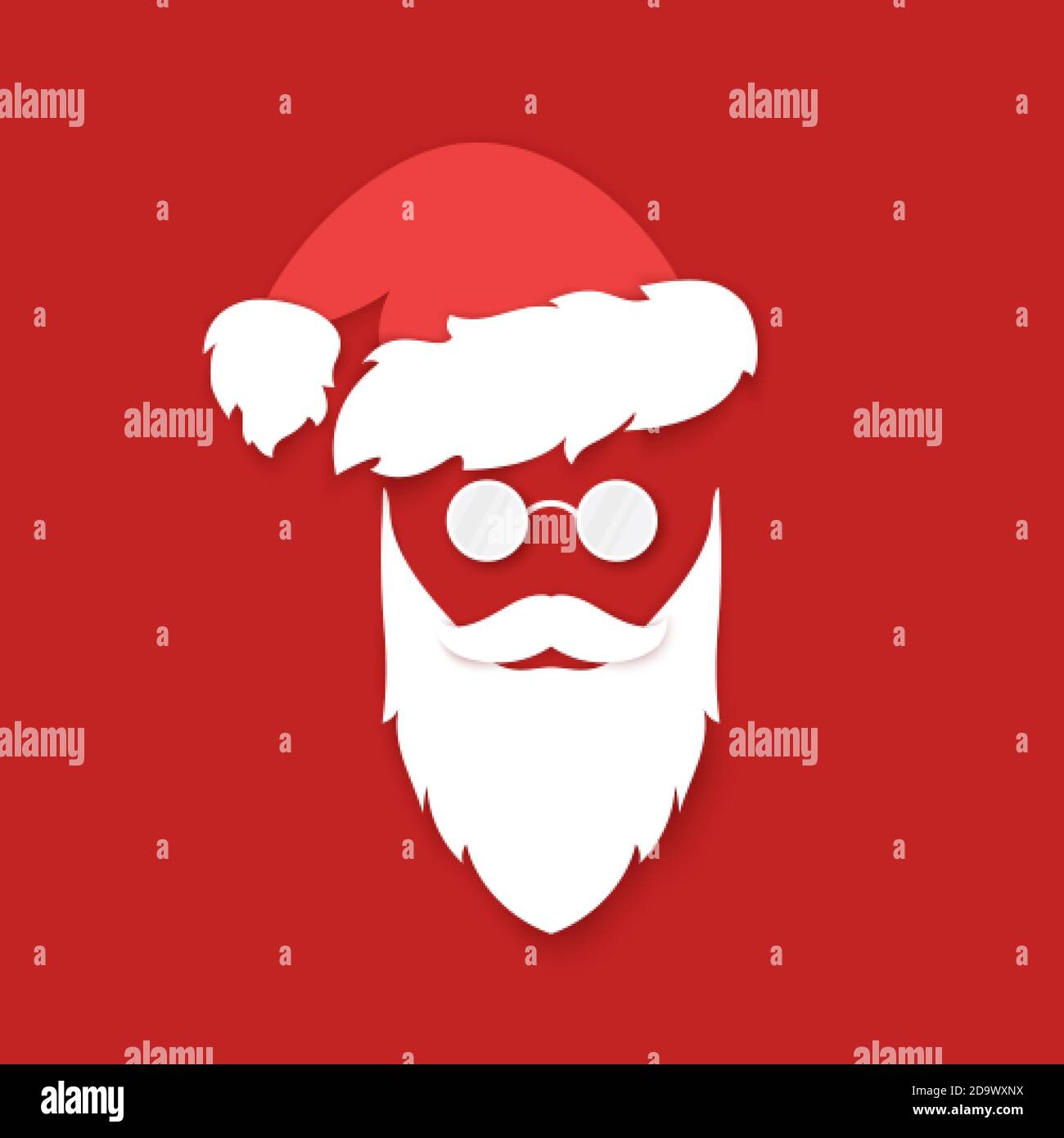 Santa Claus face silhouette on red background. White beard with mustache and hat with eyeglasses. Symbol holiday New Year and Christmas. Vector illust Stock Vector