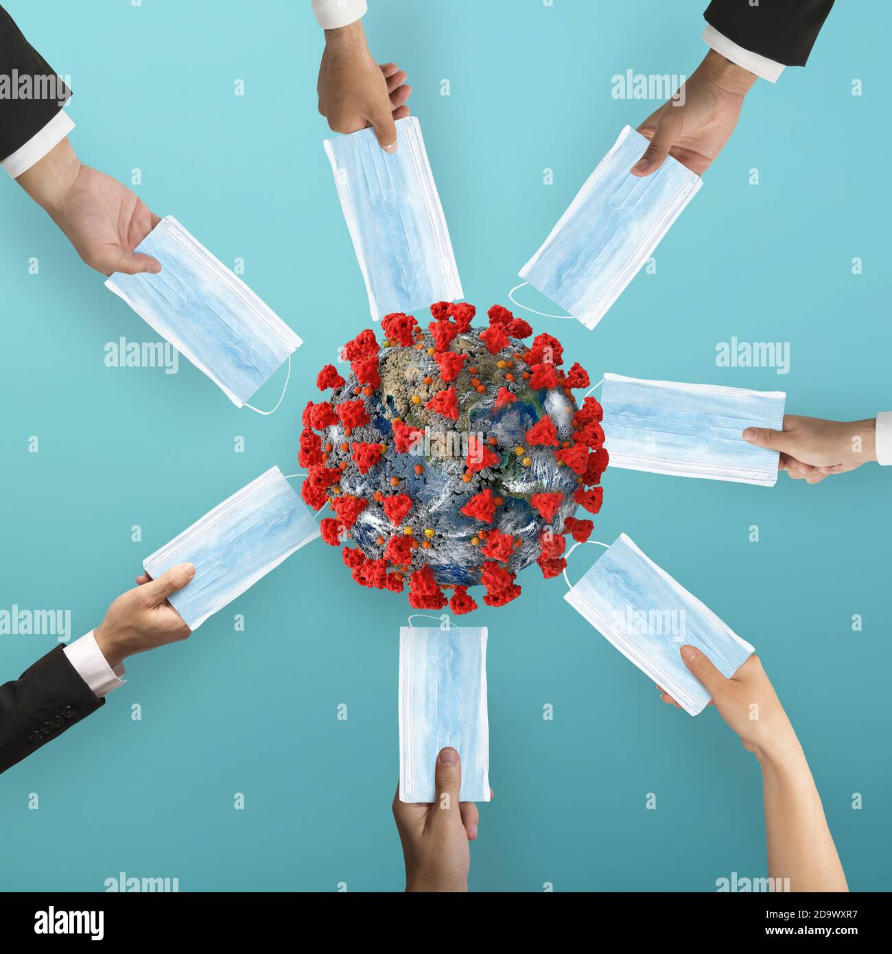 World like a big covid-19 virus surrounded by people who give masks. concept of pandemic and contagion protection. Earth provided by Nasa Stock Photo