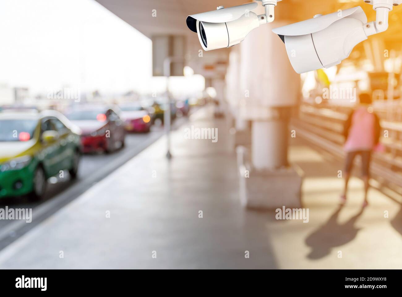 CCTV or surveillance camera recording of traffic in the parking lot for taxis carry passengers