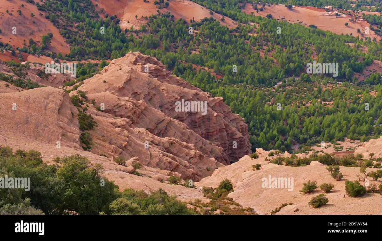 Pancake rock formation at cathedrale imsfrane with green colored forest of coniferous trees in the valley near Tilouguite, Morocco. Stock Photo