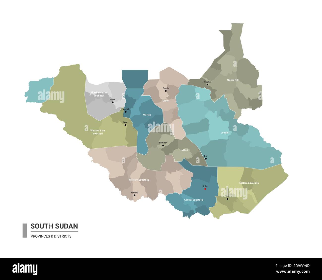 South Sudan higt detailed map with subdivisions. Administrative map of South Sudan with districts and cities name, colored by states and administrativ Stock Vector