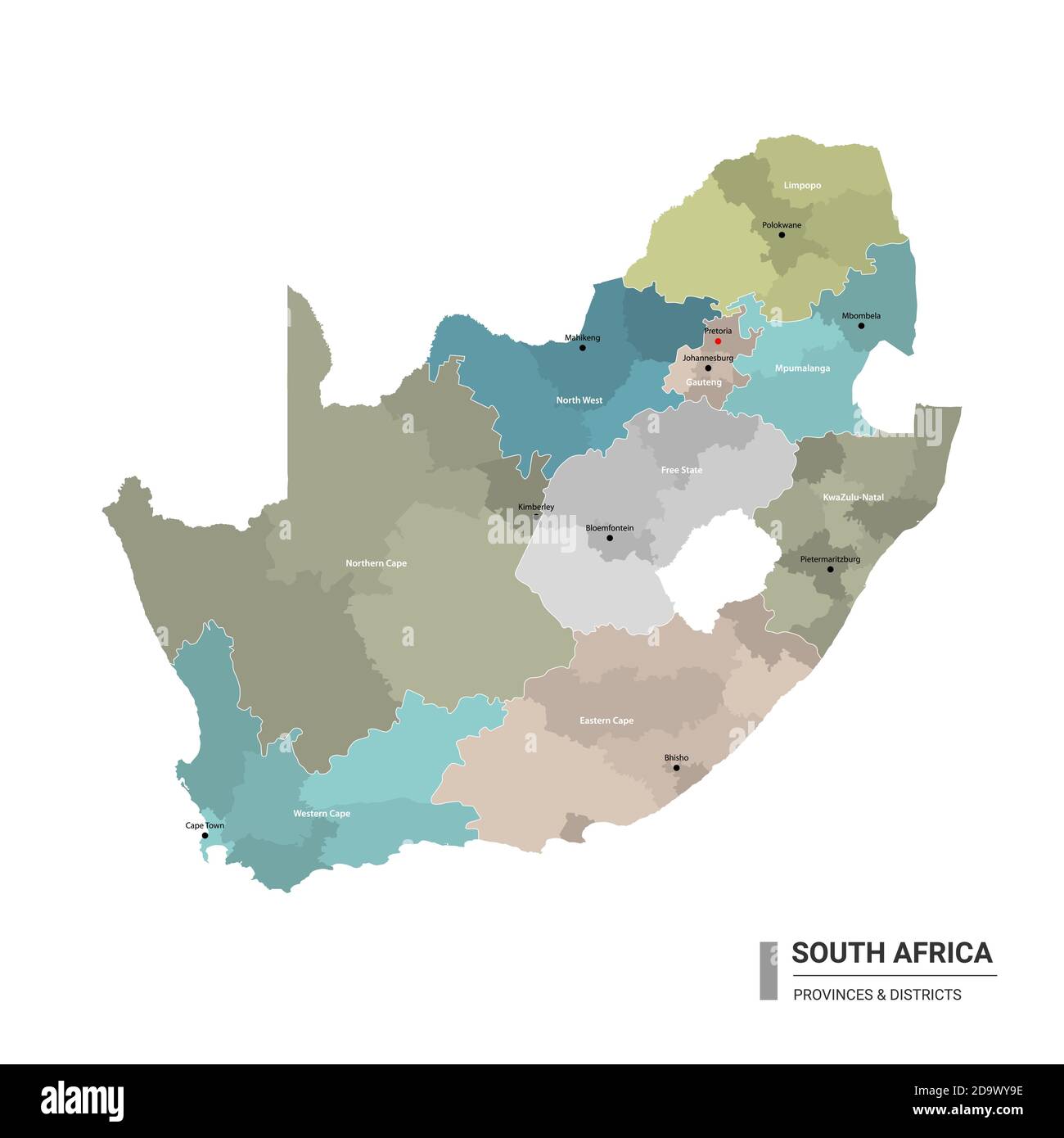 South Africa higt detailed map with subdivisions. Administrative map of South Africa with districts and cities name, colored by states and administrat Stock Vector