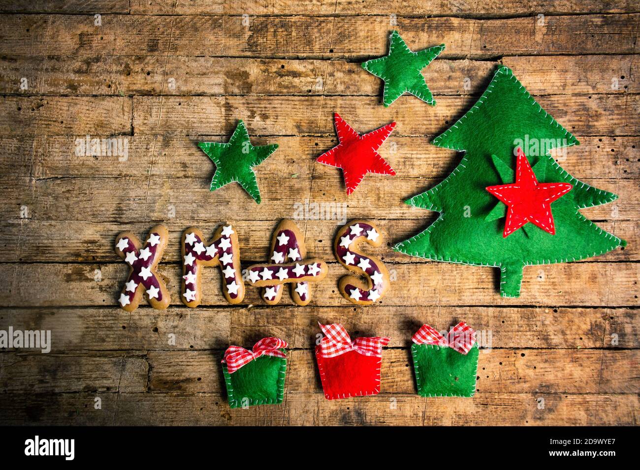 Christmas background on a wooden wall flat lay Stock Photo