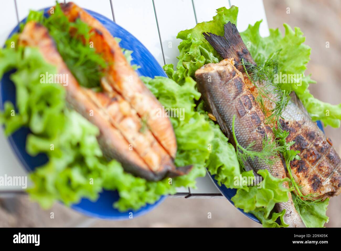 two blue plates with fried trout steak and sea bass Stock Photo Alamy